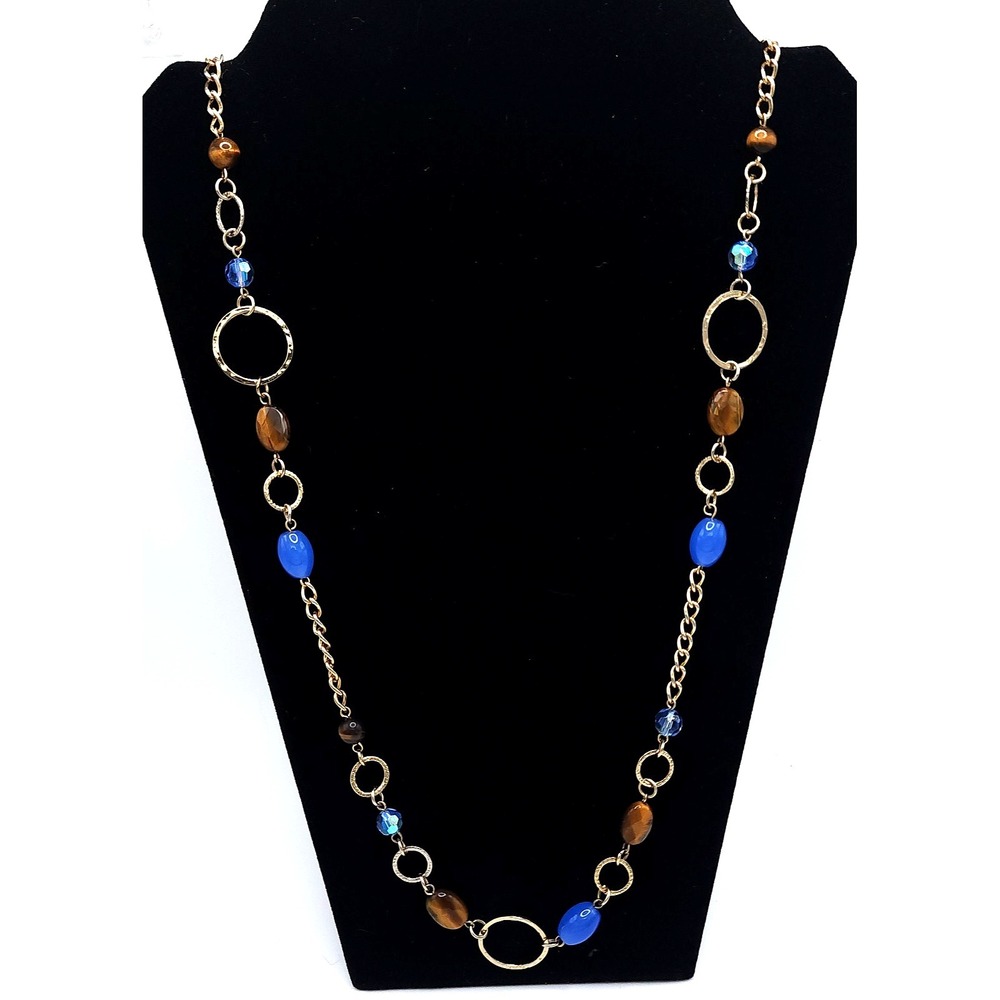Blue Brown Beaded Statement Necklace‎ Gold Tone Boho 36in